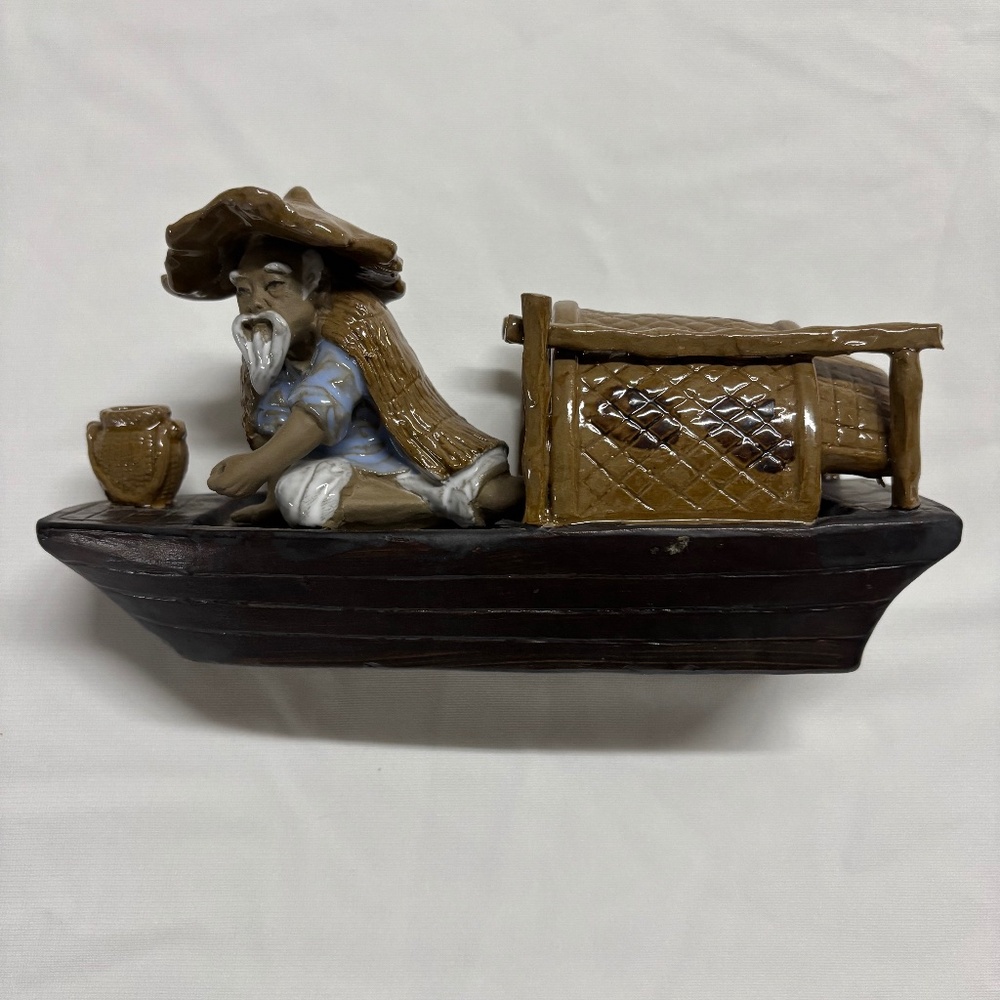 Vintage Chinese Ceramic Boat Figurine – Fisherman with Hut – Hand-Painted Decor